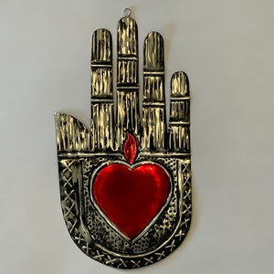 LARGE Tin HEALING HAND with Sacred Heart, Hamsa Hand, Fatima Hand, Mexico Tin Art, Milagro Mexico, Mano Milagrosa