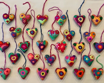 SET of THREE Hand Embroidered HEARTS, Mexican Heart Ornament, Handmade Heart, Chiapas Heart, Corazon Bordado