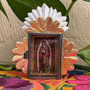Tin GUADALUPE NICHO with Gold and Silver Leaf Finish, Mexican Guadalupe Nicho, Guadalupe Retablo, Antique Guadalupe Nicho