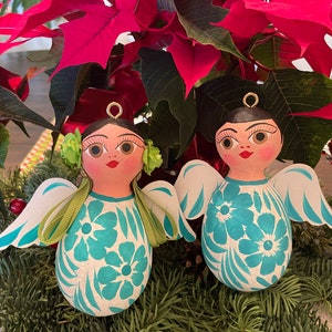 Hand Painted Mexican Angel Christmas Ornaments: Aquamarine Floral Pair