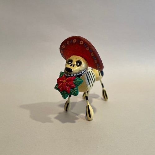 Day of the Dead Dog, Dia de los Muertos Dog, Dog with Poinsettia, Miniature Day of Dead Dog, Calavera Dog
