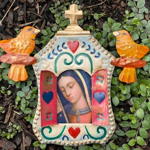 Tin Guadalupe Nicho with Pair of Birds, Mexican Tin Nicho, Guadalupe Decor