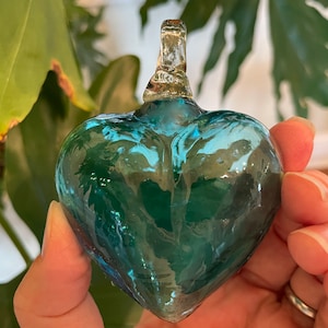 AQUAMARINE Blown GLASS HEART, Small, Aquamarine Blown Glass Heart Ornament, Aquamarine Glass Heart Ornament, Mexican Ornament