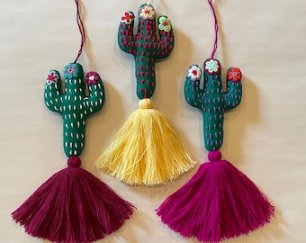 SET of THREE Embroidered CACTUS Ornaments with Flowers and Tassel, Mexican Ornament, Mexican Christmas Tree, Saguaro Ornament