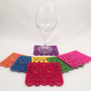 SET of SEVEN Colorful AMOR Felt Coasters, Love Papel Picado, Amor Papel Picado, Valentines Papel Picado, Papel Picado Mexico, Mexico Coaster