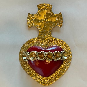 Stunning Sacred Heart with Roses, Gold Leaf Red Accents, Mexican Tin Art, Sacred Heart Mexico, Flaming Heart, Heart Ornament Mexico
