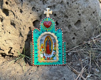 Tin Guadalupe Nicho, TURQUOISE, Mexican Tin Nicho, Guadalupe Decor,