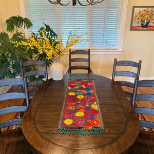 Mexican Table Runner, 4 1/2&#39; Long, Floral Design on Turquoise, Chiapas Table Runner, Embroidered Mexico Runner, Woven Bed Runner