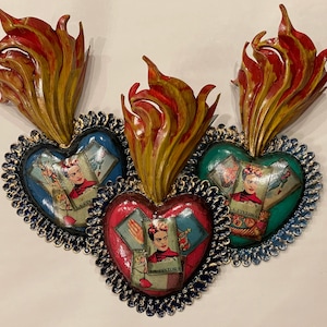 FRIDA Sacred Heart with Flames, AQUAMARINE, Frida Loteria, Frida Sacred Heart with Assorted Loteria Images, Frida Tine Decor, Frida Wall Art