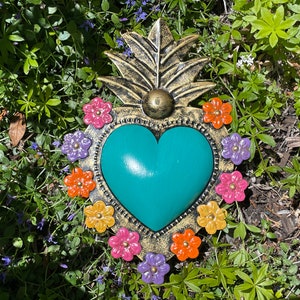 Turquoise Tin HEART with Flowers, Punched Tin Heart, Mexican Tin Heart, Mexican Heart Decor, Sacred Heart