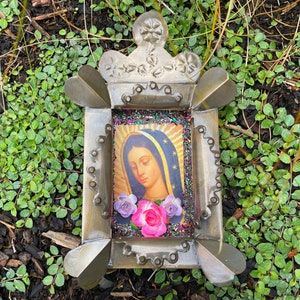 Antiqued Tin Guadalupe Nicho, Natural, Mexican Tin Nicho, Guadalupe Decor