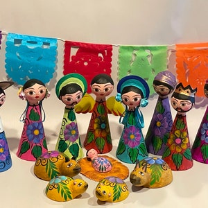 Colorful PAPER MACHE NATIVITY, Thirteen Pieces, Mexico Nativity Set, Mexican Creche, Christmas in Mexico