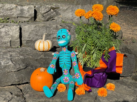 X-large Paper Mache Mexican Calavera, Aquamarine, Day of the Dead 