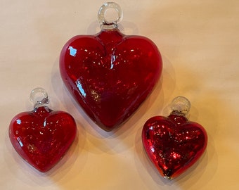 RED Blown GLASS HEARTS, Large, Small or Mirrored, Red Blown Glass Heart Ornament, Red Glass Heart Ornament, Mexican Ornament