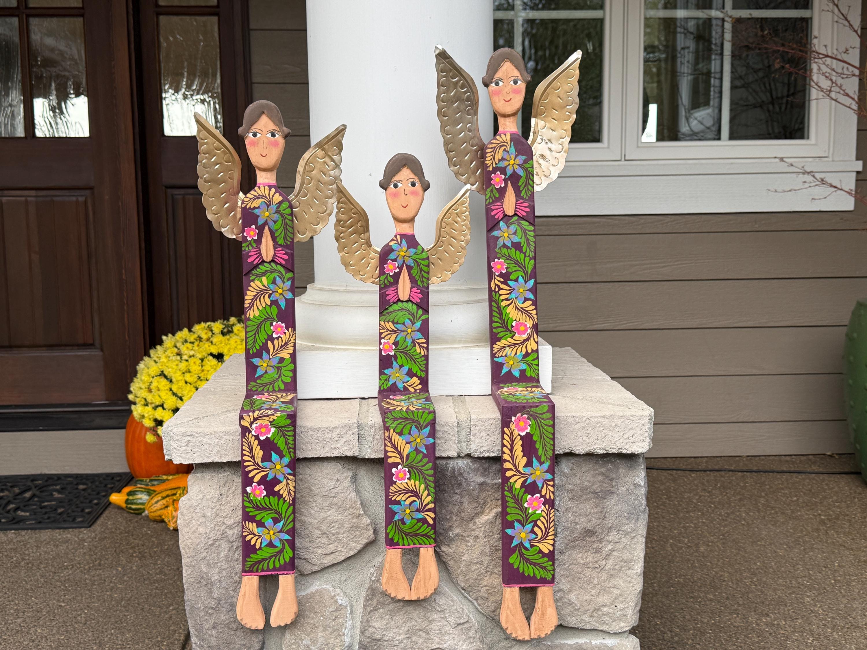 XLARGE Set of THREE Rustic Sitting Angels, PURPLE, Mexican Angel, Christmas in Mexico, Mexican Ornament