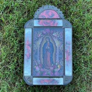 Large Antiqued VIRGIN of GUADALUPE NICHO, Guadalupe Retablo, Mexican Tin Nicho