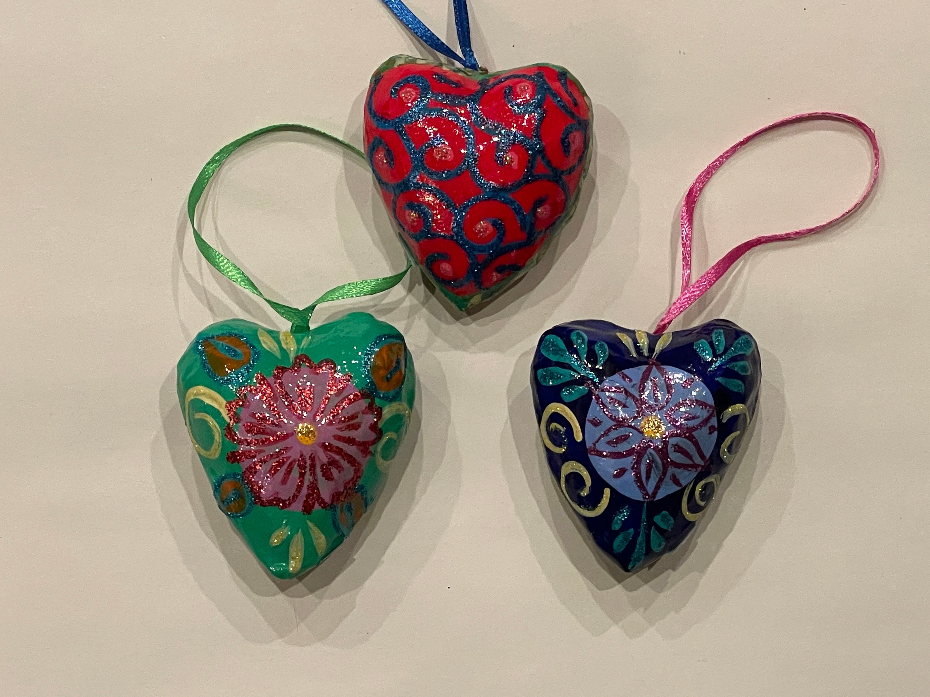 SET of THREE SMALL Heart Ornaments Paper Mache Valentine | Etsy