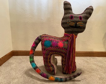 GIANT HANDMADE Cat, ONE-of-a-Kind, Hand stitched Mexican Plushie, Mexican Plush Toy, Mexican Toy