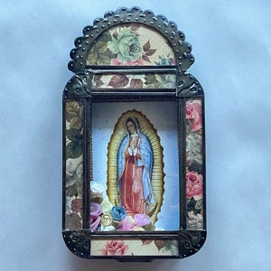 Antiqued VIRGIN of GUADALUPE NICHO, Guadalupe Retablo, Mexican Tin Nicho, Nicho Guadalupe