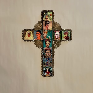 TIN CROSS with Assorted FRIDA Tiles, Tin Cross, Mexican Cross, Frida Tiles