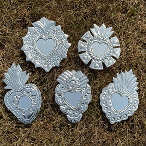 Tin Sacred HEART Ornaments with Mirror, S/5,  Natural Tones, Mexican Tin Ornaments, Tin Ex Votos, Christmas Ornaments