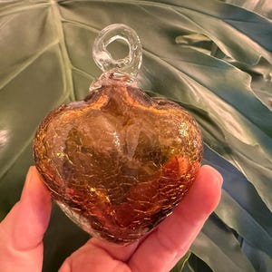 CRACKLED Amber Blown GLASS HEART, Small, Amber Blown Glass Heart Ornament, Amber Glass Heart Ornament, Mexican Ornament