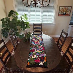 Embroidered Black Table Runner: Handwoven Mexican Wall Art, Chiapas