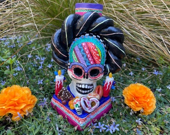 Frida Ofrenda with Candle Holder, Day of the Dead Calavera, Mexico Dia de los Muertos, Altar Ofrenda
