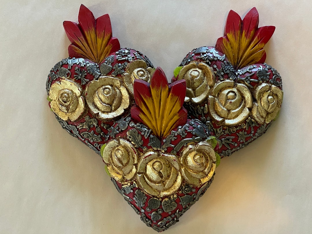 Glided Roses SACRED HEART With Gilded ROSES and Milagros, Red Background, Heart With ...