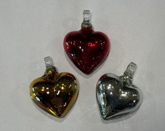 Blown GLASS HEARTS, Mirrored Red, Silver or Gold, Blown Glass Heart Ornament, Red Glass Heart Ornament, Mexican Ornament, Corazon de Vidrio