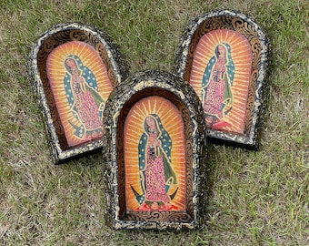 GUADALUPE with MILAGROS Nicho, Black Background, Virgin of Guadalupe Milagros, Mexican Milagros, Mexican Ex-Votos, Guadalupe Retablo