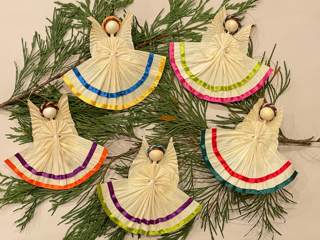 CORN HUSK Angels, Set of FIVE, Natural Tones With Assorted Ribbon ...