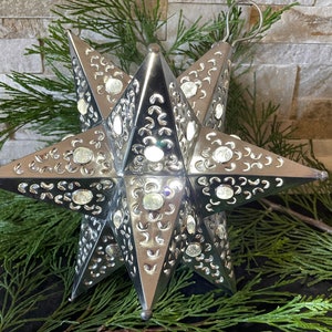 Tin MORAVIAN STAR with CLEAR Marbles, Silver (Natural) Finish, Estrellas, Moravian Star Ornament, Mexican Tree Topper, Punched Tin Star