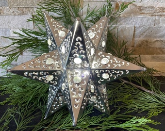 Tin MORAVIAN STAR with CLEAR Marbles, Silver (Natural) Finish, Estrellas, Moravian Star Ornament, Mexican Tree Topper, Punched Tin Star