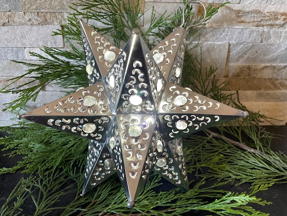 Tin MORAVIAN STAR With CLEAR Marbles Silver natural Finish