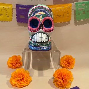 Hefty Dia de los Muertos Calavera with Butterfly Decor, Light Green, Day of the Dead Skull, Mexican Clay Skeleton, Day of the Dead Pottery