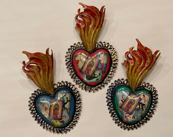 GUADALUPE Sacred Heart with Flames, Guadalupe Loteria, Guadalupe Sacred Heart with Assorted Loteria Images, Guadalupe Wall Art