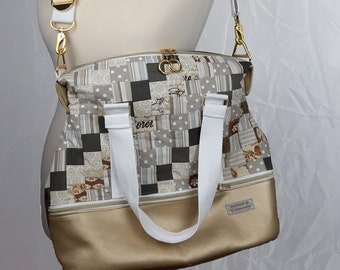 Unico!!! Weekender, borsa da viaggio per viaggi brevi, borsa da spiaggia, patchwork beige/oro