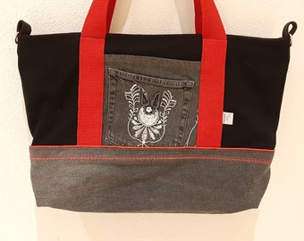 Jeans-Upcycling und Canvas, Shopper in rot-schwarz