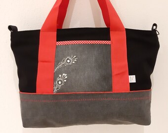 Jeans-Upcycling und Canvas, Shopper in rot-schwarz