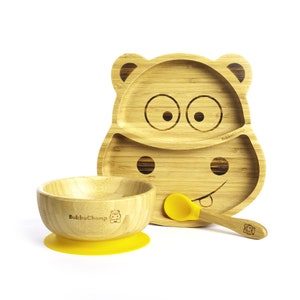 Ensemble de sevrage BubbaChomp® Hippopotame Plaque daspiration en bambou bol daspiration en bambou cuillère Restez sur place assiette Plaque daspiration pour bébé Jaune