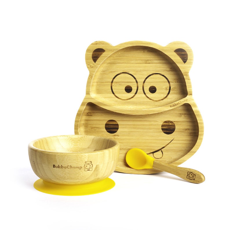 Ensemble de sevrage BubbaChomp® Hippopotame Plaque daspiration en bambou bol daspiration en bambou cuillère Restez sur place assiette Plaque daspiration pour bébé Jaune