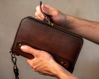 Leather zip around wallet, Personalized Leather Clutch, handmade men’s wallet, clutch wallet, men’s purse, brown men’s leather wallet