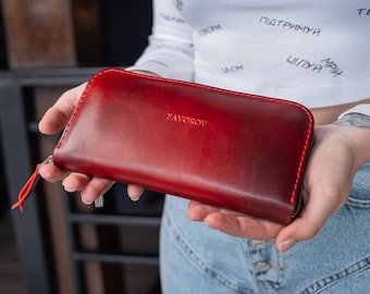 Leder-Geldbörse mit Reißverschluss, personalisierte Leder-Clutch, handgemachte Damen-Geldbörse, Clutch-Geldbörse, Damen-Geldbörse, rote Damen-Leder-Geldbörse