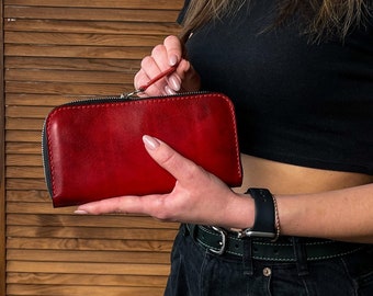 Zip en cuir autour du portefeuille, pochette en cuir personnalisée, portefeuille pour femmes fait à la main, portefeuille d'embrayage, sac à main pour femmes, portefeuille en cuir pour femmes rouges