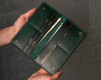 Personalized leather Wallet, Long leather wallet, Full Grain Leather Green women wallet, Wallet for Her or Him, Mens wallet, For banknotes