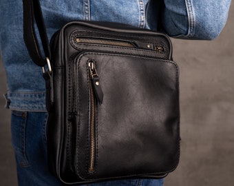Men's black leather shoulder bag, Personalized men's leather bag, Leather crossbody bag, Phone bag man, Full Grain Leather Bag, Shoulder bag
