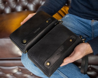 Leather zip around wallet Personalized Leather Clutch Full Grain Leather men’s wallet clutch wallet men’s purse black men’s leather wallet