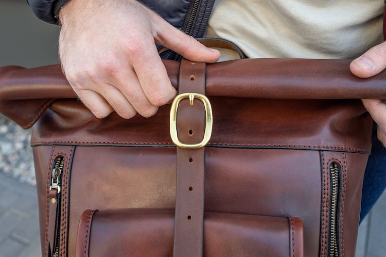 Leather rolltop backpack, Personalized Leather Backpack for Men, Leather Backpack Gifts, Leather Travel Bag, Custom Leather Bag Gifts image 7