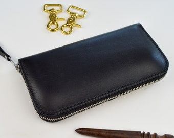 Black leather clutch, leather wallet mens, Personalized wallet, phone wallet case, crossbody wallet, zipped leather wallet